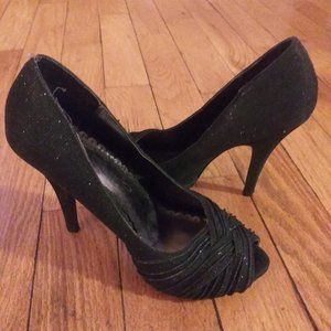 𝅺Lulu Townsend Women’s Black Sparkle Stiletto Platform Heels Size 7M Open Toe